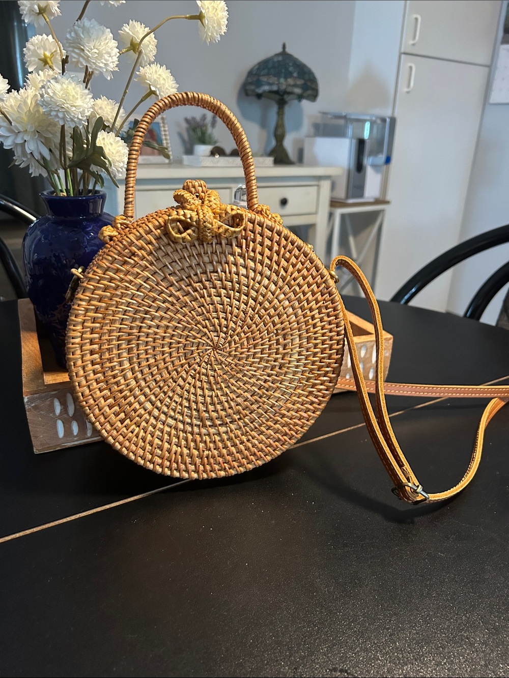 Handwoven Round Crossbody Bag in Tan